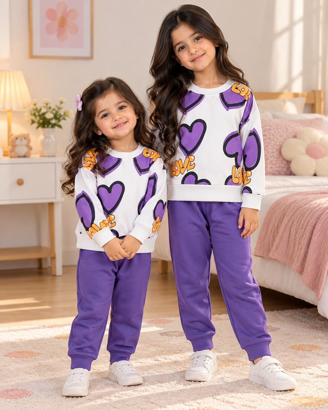 Kids purple and white heart print three fleece tracksuit - front view