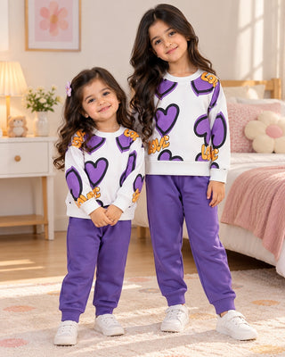 Girls Purple Heart Printed Three Fleece Tracksuit Set
