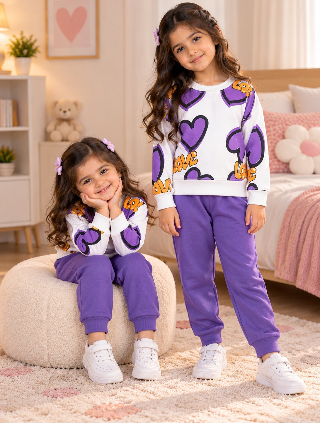 Kids purple and white heart print three fleece tracksuit - lifestyle view