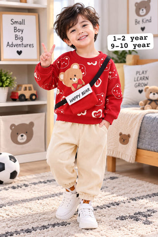 Boys Red Bear Printed Fleece Tracksuit Set