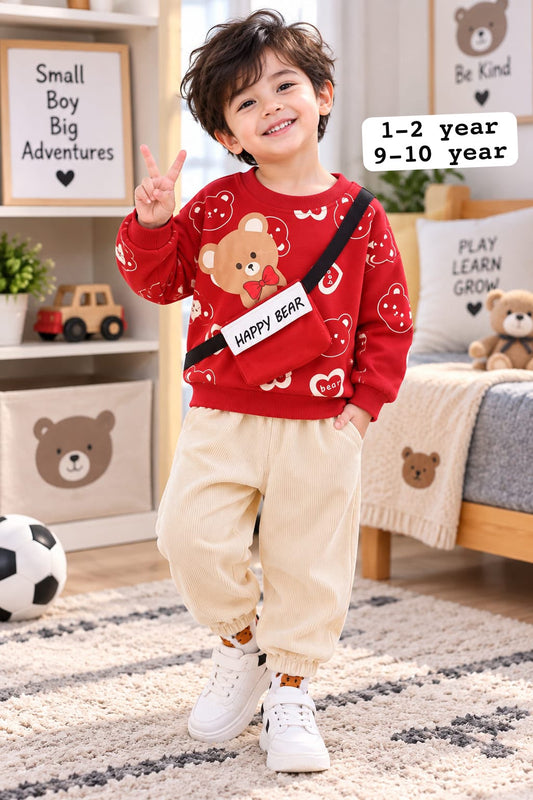 Boys Red Bear Printed Fleece Tracksuit Set