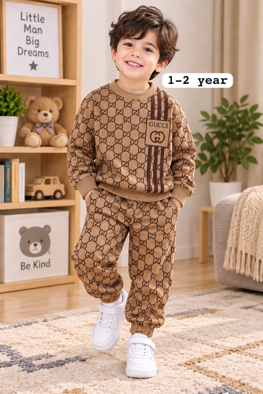 Boys Tan Monogram Printed Fleece Tracksuit Set
