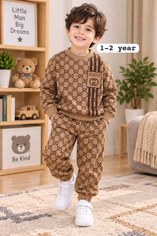 Boys Tan Monogram Printed Fleece Tracksuit Set