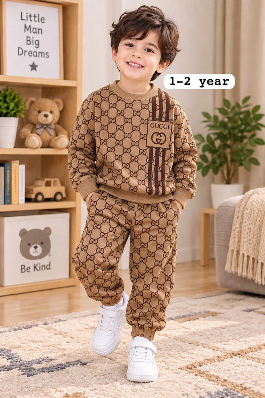 Boys Tan Monogram Printed Fleece Tracksuit Set