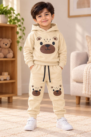 Kids Bear Print Cream Fleece Tracksuit Set