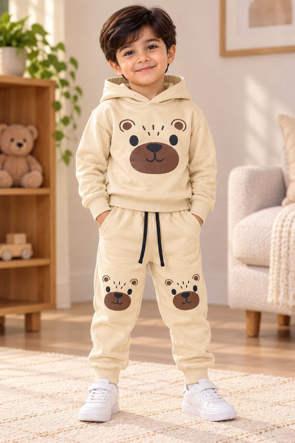 Kids Bear Print Cream Fleece Tracksuit Set