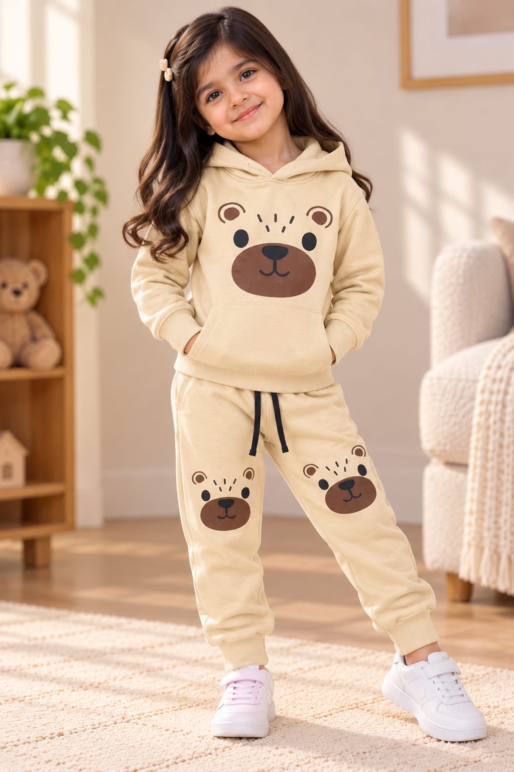 Kids Bear Print Cream Fleece Tracksuit Set