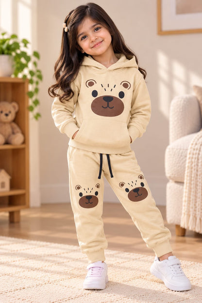 Kids Bear Print Cream Fleece Tracksuit Set