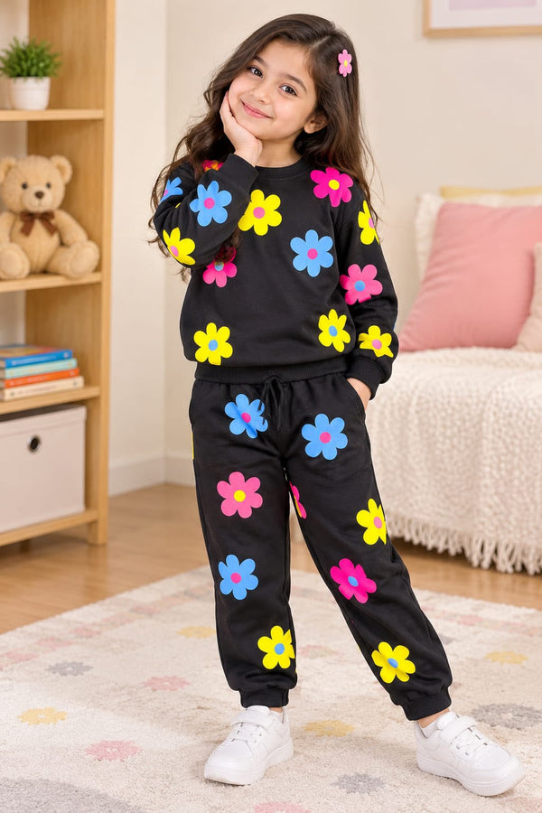 Girls Colorful Flower Print Black Fleece Tracksuit Set