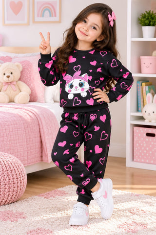 Girls Pink Heart Cat Fleece Tracksuit Set