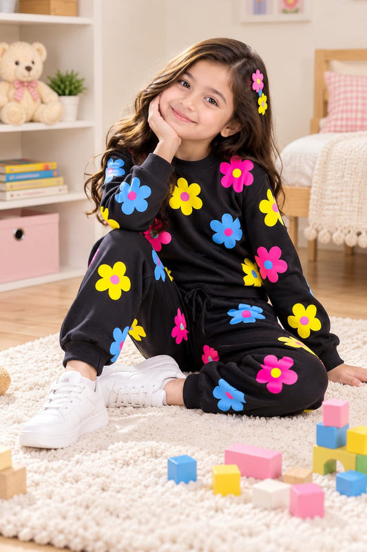 Girls Colorful Flower Print Black Fleece Tracksuit Set