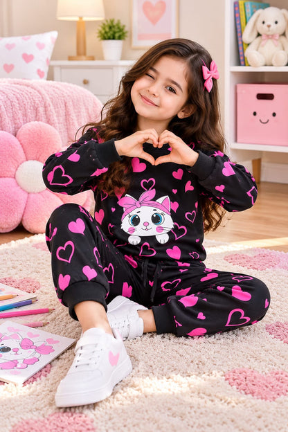Girls Pink Heart Cat Fleece Tracksuit Set