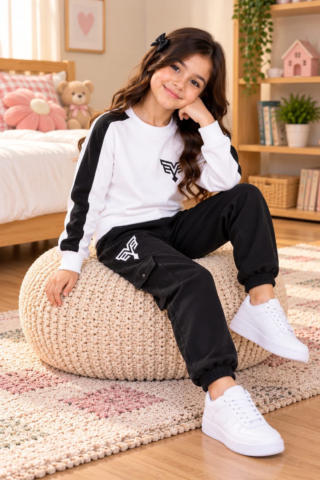 Kids Black White EV Fleece Tracksuit Set