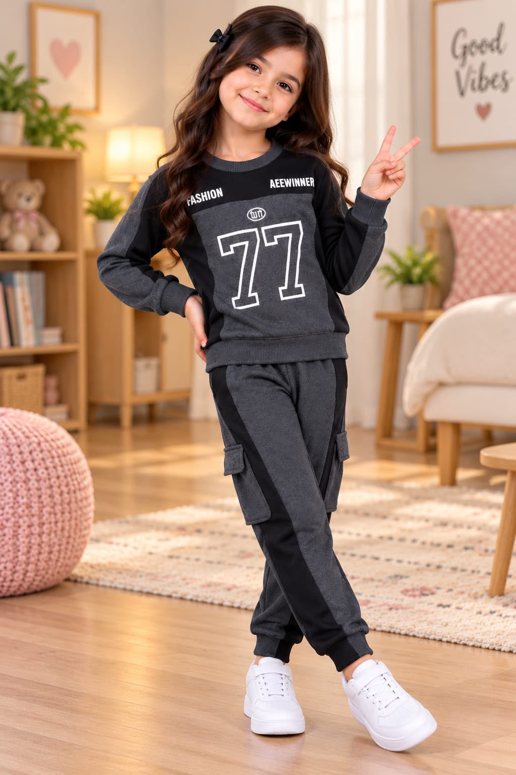 Kids Black Grey 77 Fleece Tracksuit Set