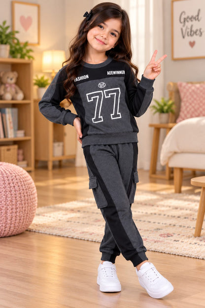 Kids Black Grey 77 Fleece Tracksuit Set