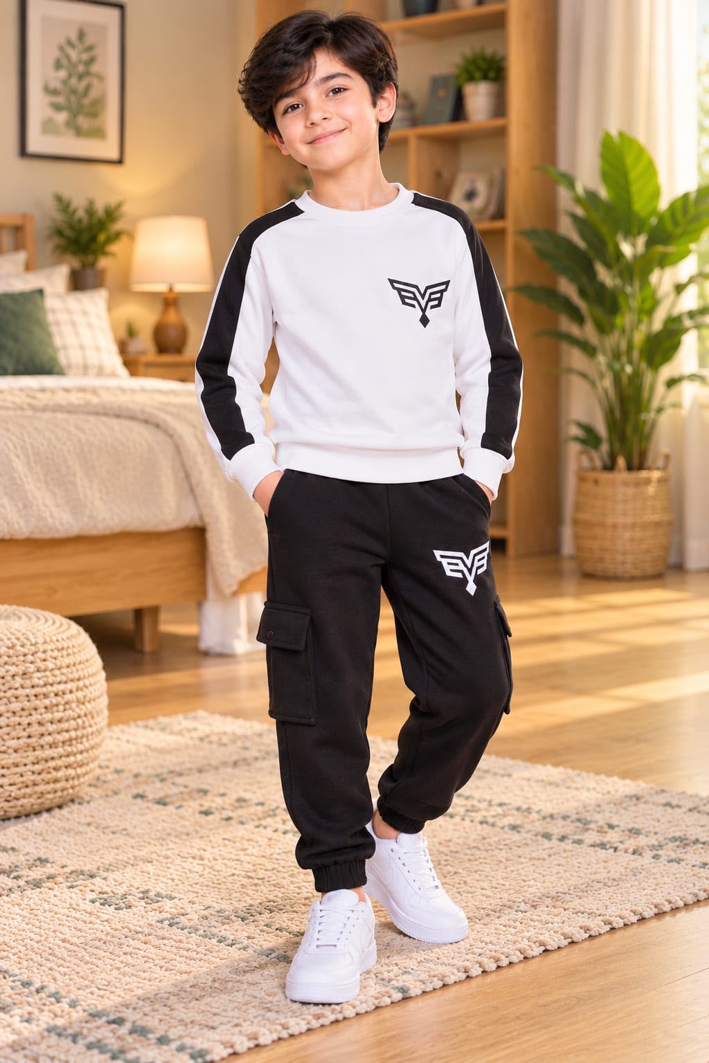 Kids Black White EV Fleece Tracksuit Set