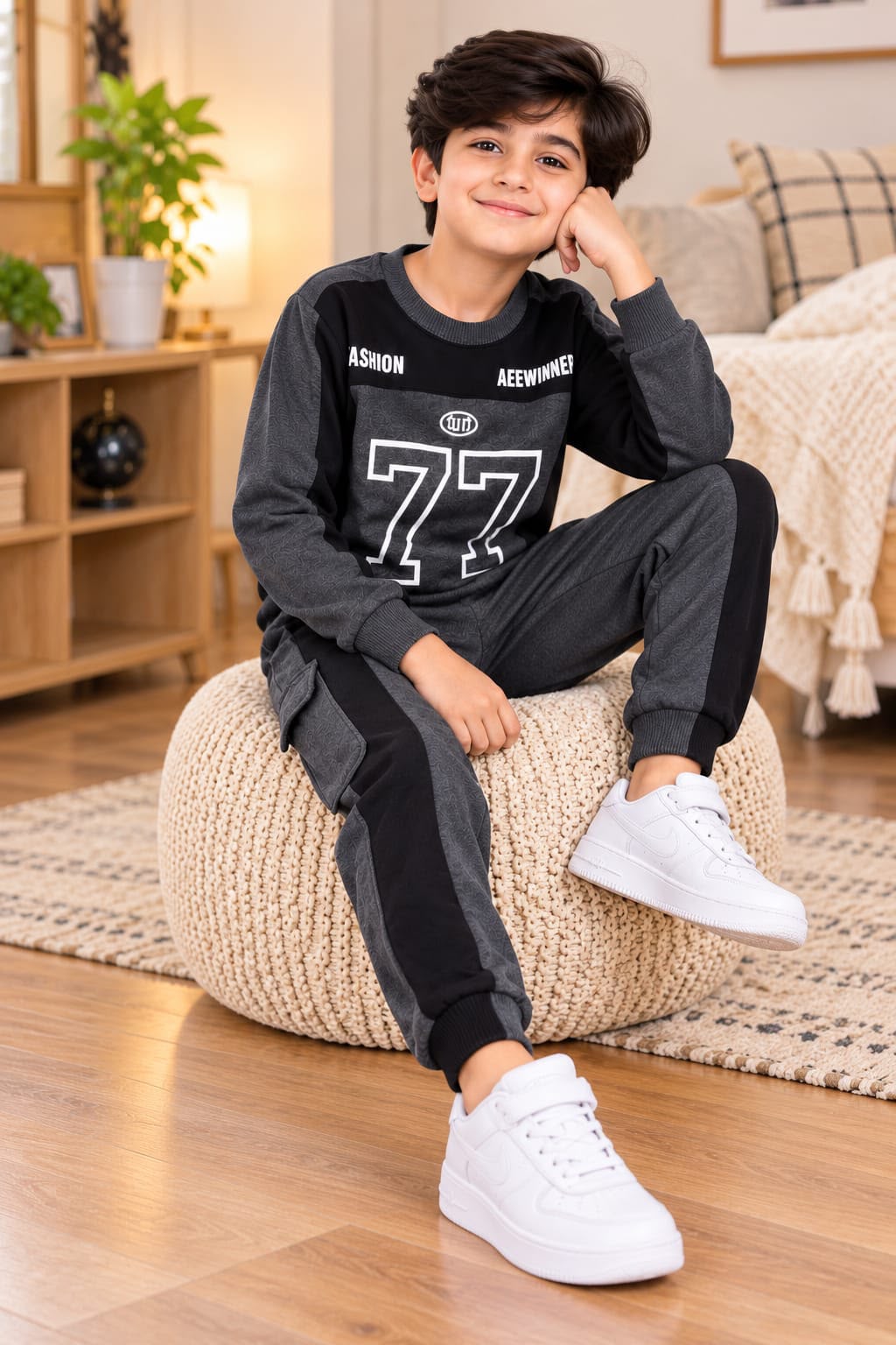 Kids Black Grey 77 Fleece Tracksuit Set