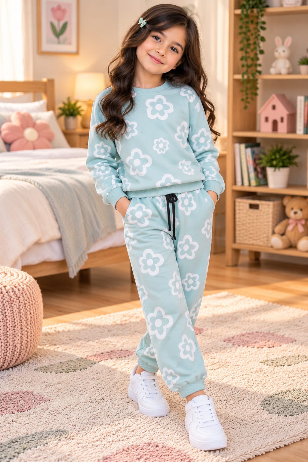 Girls Sky Blue Flower Fleece Tracksuit Set