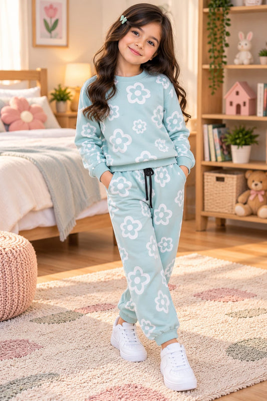Girls Sky Blue Flower Fleece Tracksuit Set