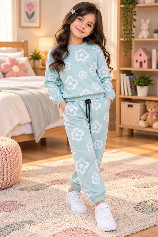 Girls Sky Blue Flower Fleece Tracksuit Set