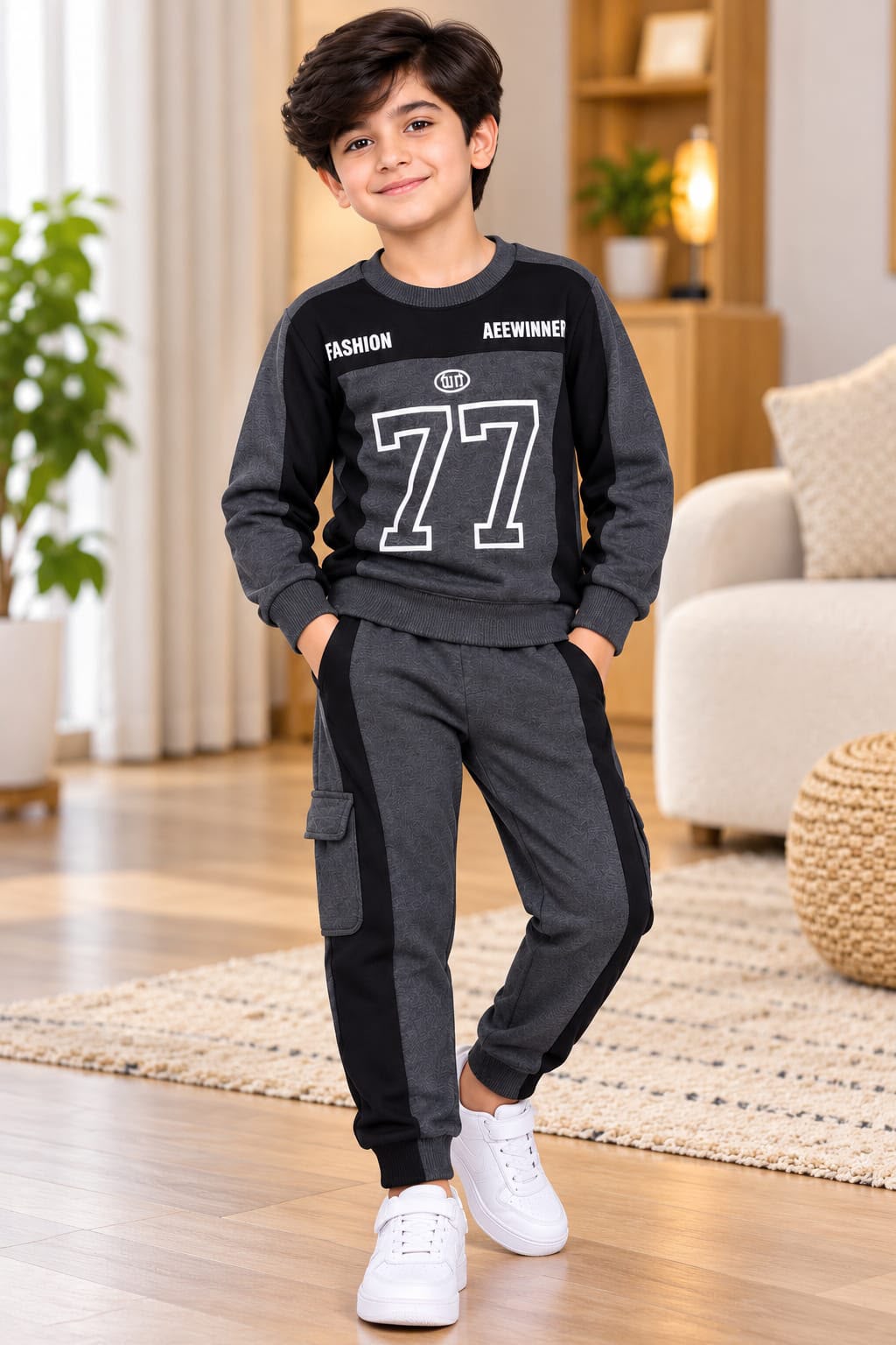 Kids Black Grey 77 Fleece Tracksuit Set