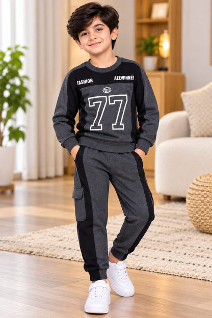 Kids Black Grey 77 Fleece Tracksuit Set