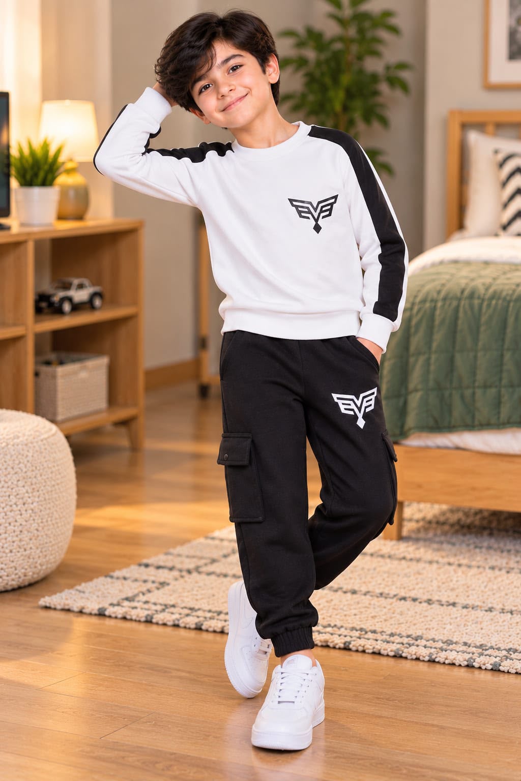 Kids Black White EV Fleece Tracksuit Set