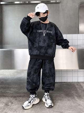 Boys Dark Grey Printed Fleece Tracksuit Set