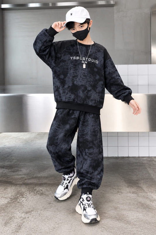 Boys Dark Grey Printed Fleece Tracksuit Set