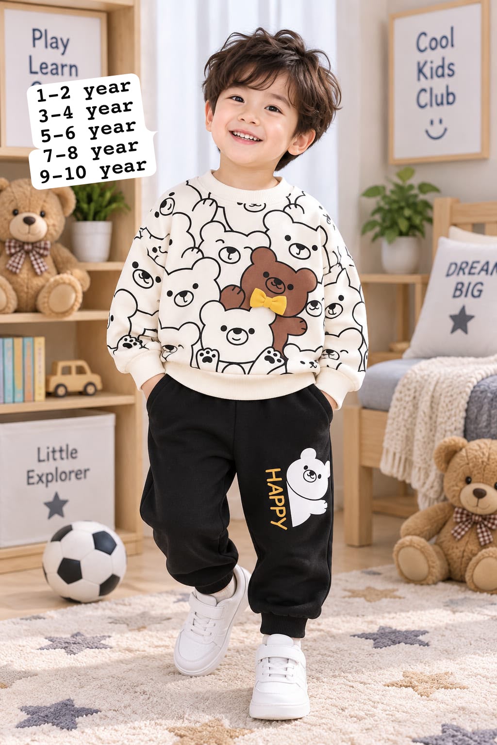 Boys White Black Bear Printed Fleece Tracksuit Set