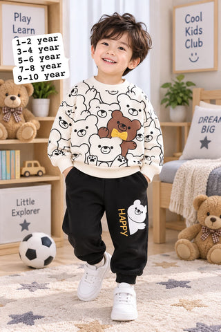 Boys White Black Bear Printed Fleece Tracksuit Set