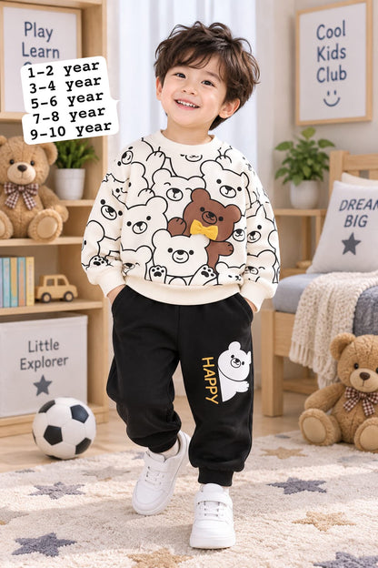 Boys White Black Bear Printed Fleece Tracksuit Set