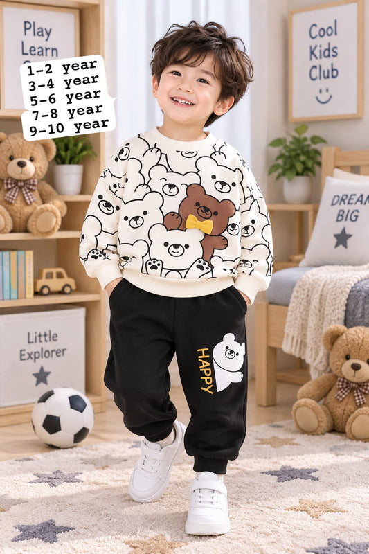 Boys White Black Bear Printed Fleece Tracksuit Set