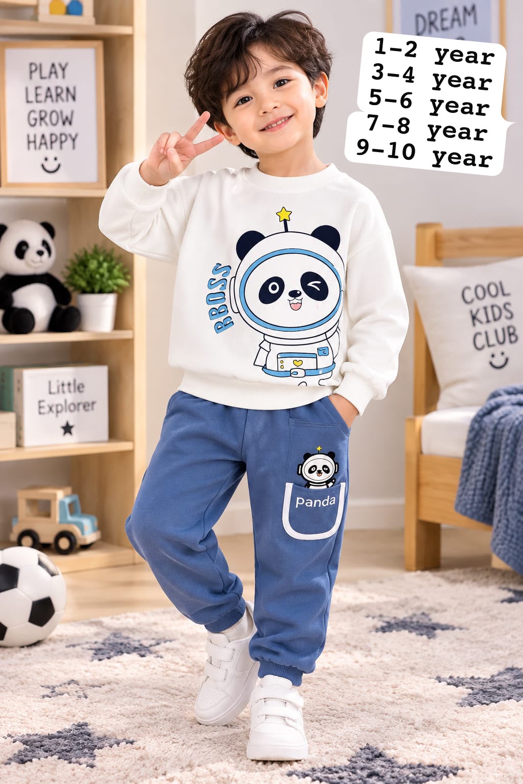 Boys White Blue Panda Printed Fleece Tracksuit Set