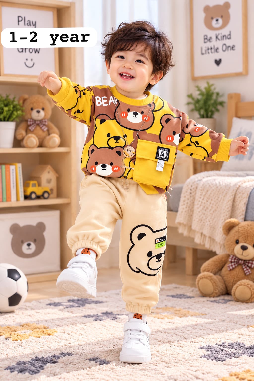 Boys Yellow Bear Printed Fleece Tracksuit Set