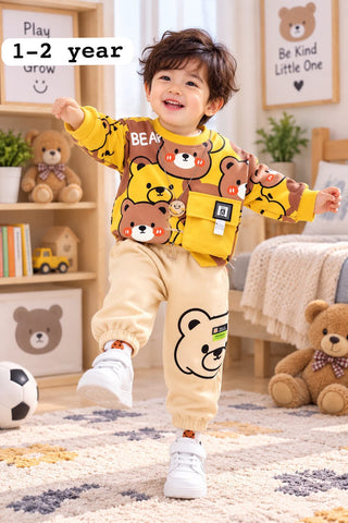 Boys Yellow Bear Printed Fleece Tracksuit Set