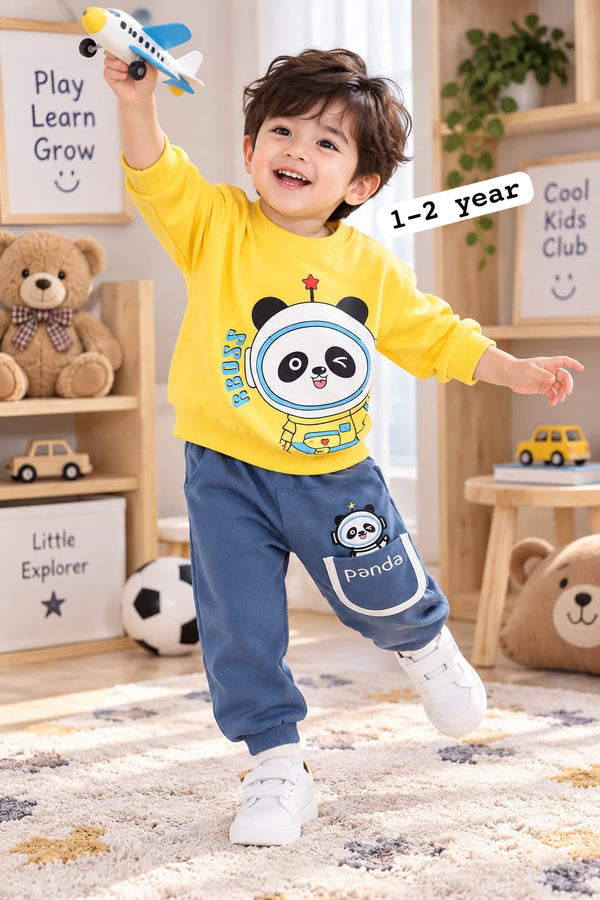 Boys Yellow Blue Panda Printed Fleece Tracksuit Set