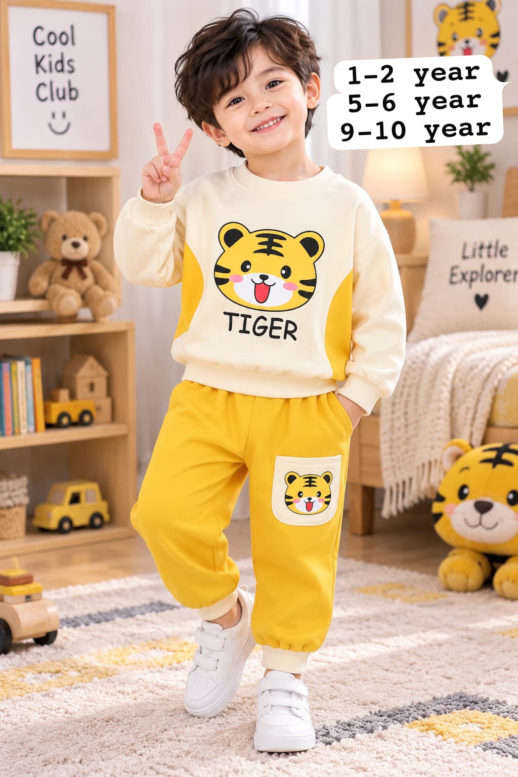 Boys Yellow Tiger Printed Fleece Tracksuit Set