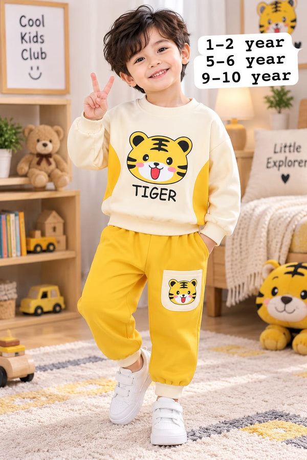 Boys Yellow Tiger Printed Fleece Tracksuit Set