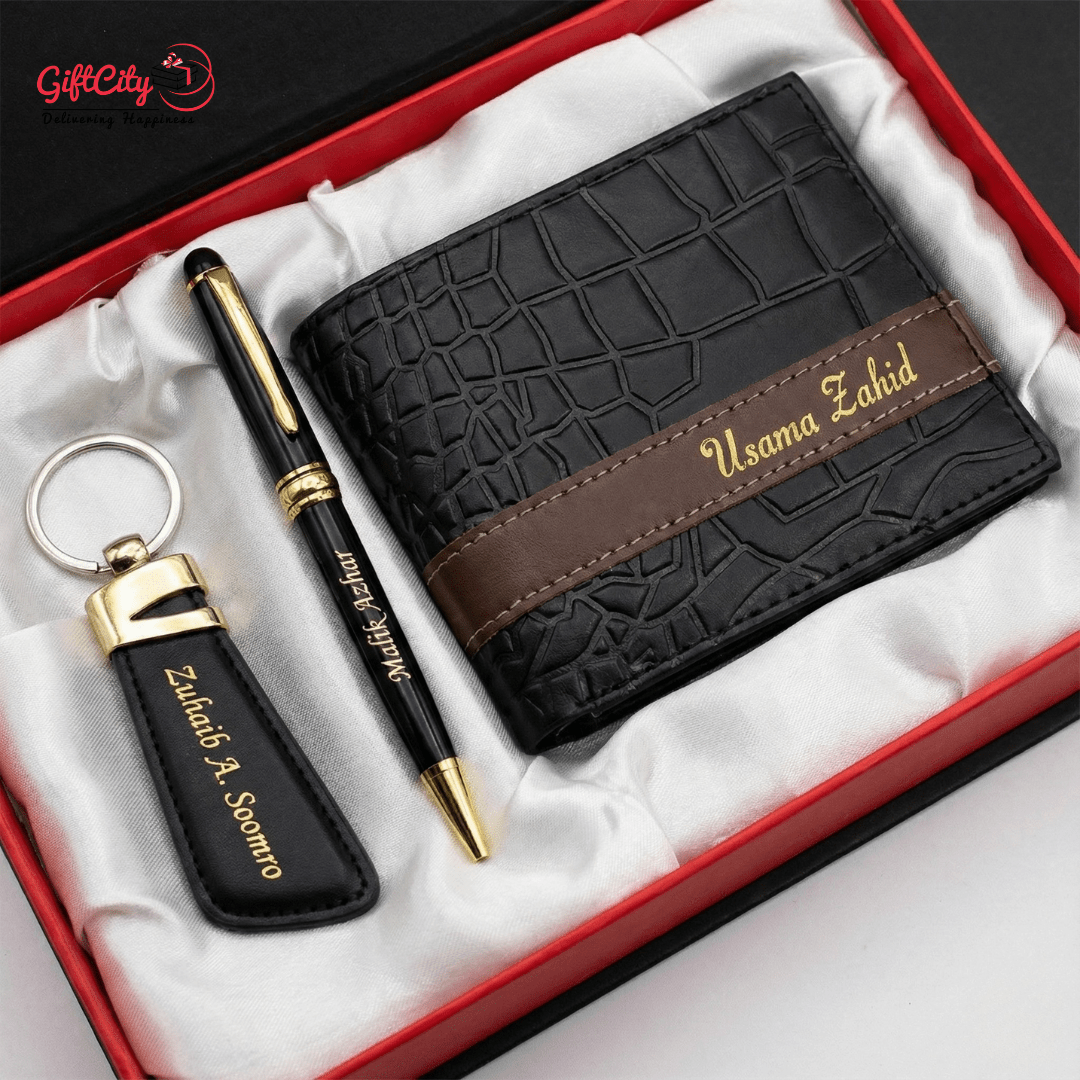 Luxury Name Engraved Wallet Set with Pen & Keychain - GiftCity