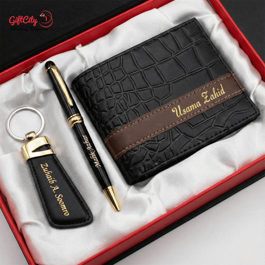 Luxury Name Engraved Wallet Set with Pen & Keychain - GiftCity