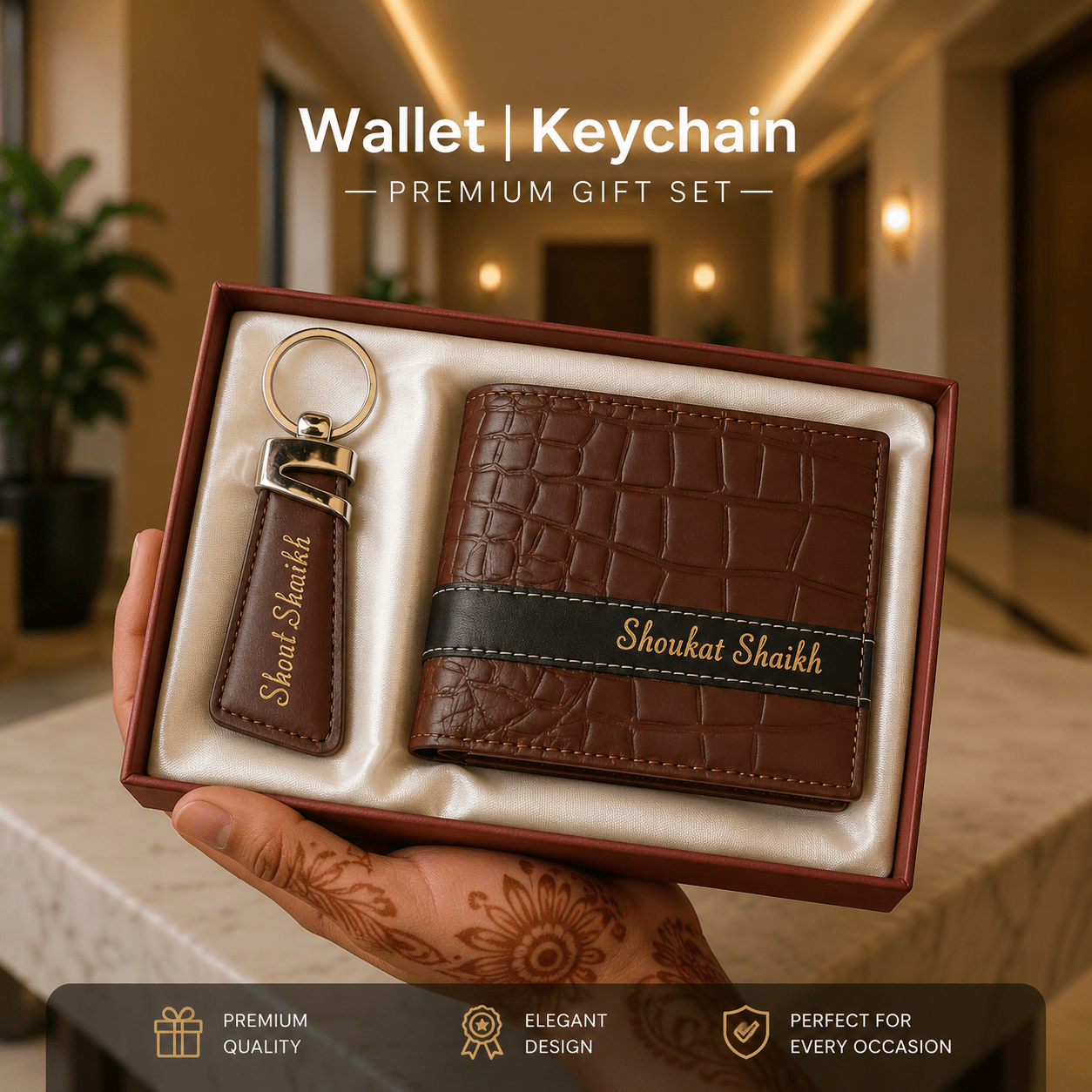 Personalized Leather Wallet & Keychain Gift Set - GiftCity