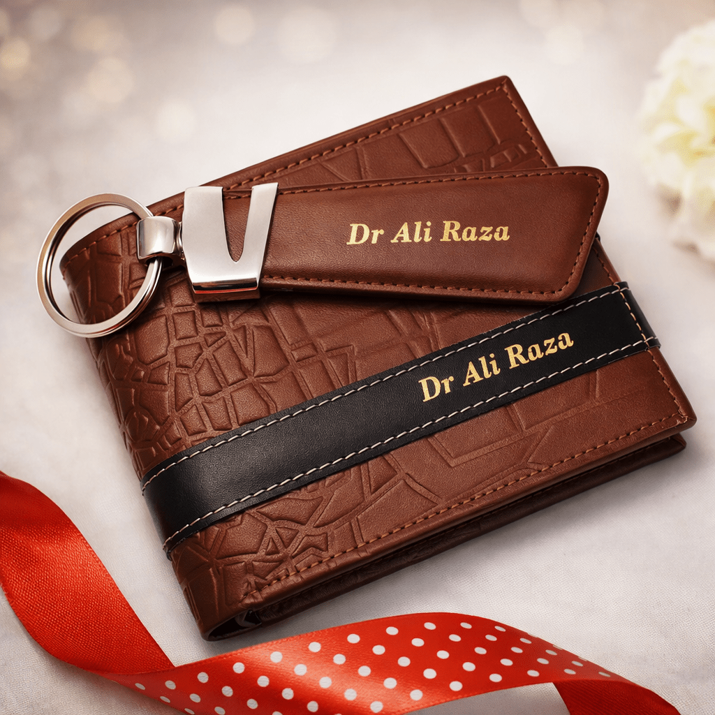 Personalized Leather Wallet & Keychain Gift Set - GiftCity