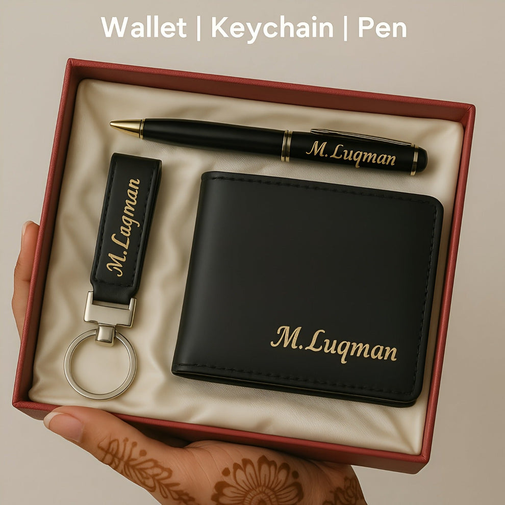 Premium Leather Wallet Keychain Pen Set with Name Engraving – GiftCity