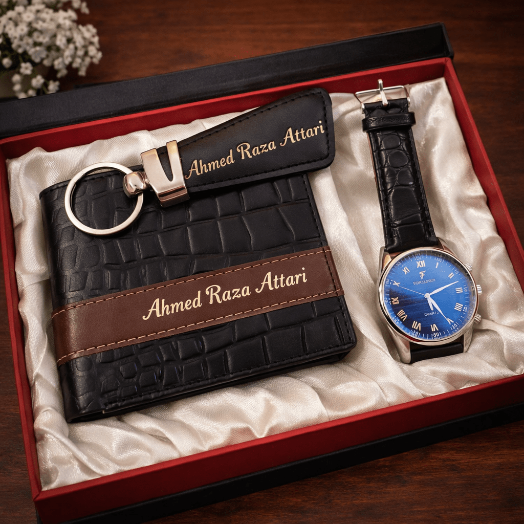Personalized Leather Wallet, Keychain & Watch Gift Set - GiftCity