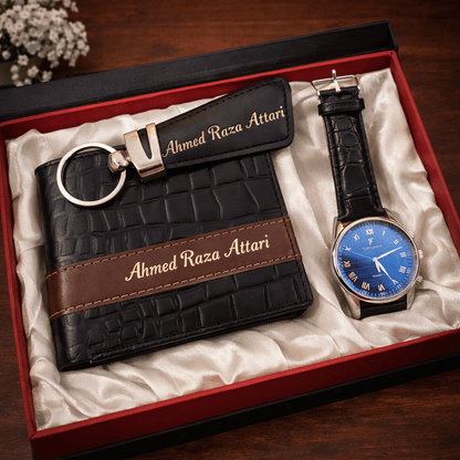 Personalized Leather Wallet, Keychain & Watch Gift Set - GiftCity