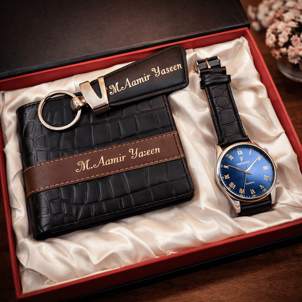 Personalized Leather Wallet, Keychain & Watch Gift Set - GiftCity