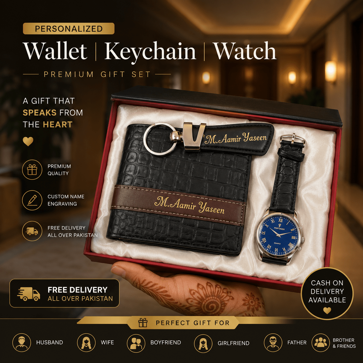 Personalized Leather Wallet, Keychain & Watch Gift Set - GiftCity
