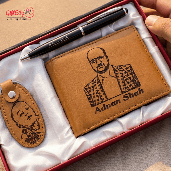 Premium Laser Engraved Leather Wallet Keychain & Pen Set | Personalized Gift for Men
