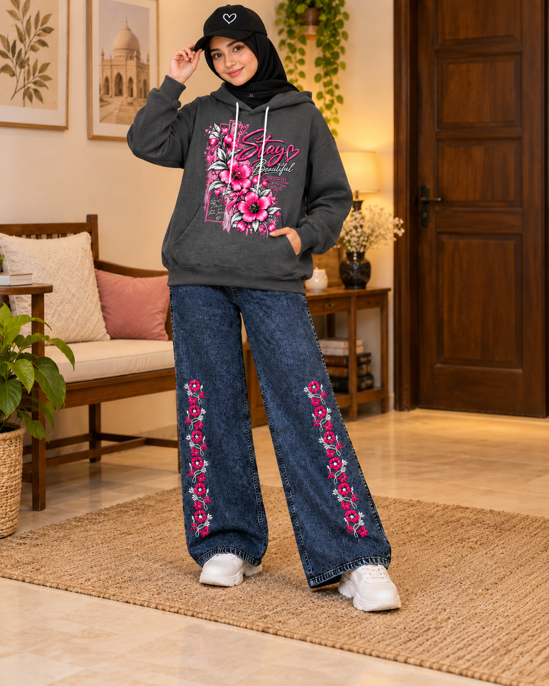 Pakistani modest lifestyle view of charcoal women's winter hoodie set